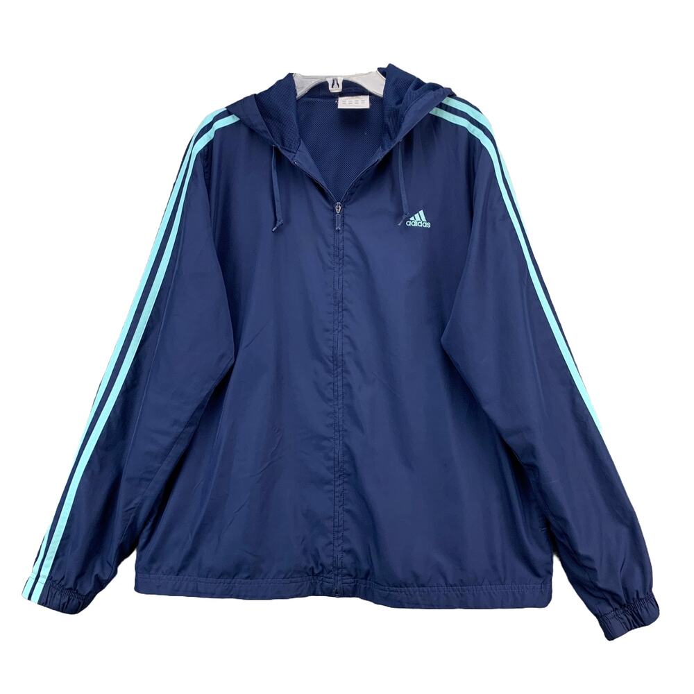 Adidas Mens Hoodie Jacket Size Large Navy Blue Three Striped Lined Lightweight